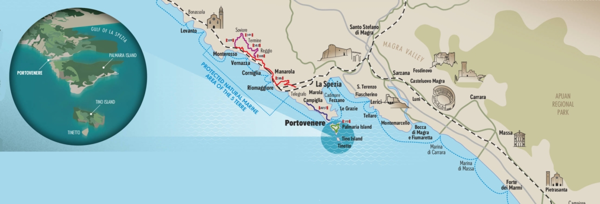 full map and guide of Portovenere and Cinque Terre